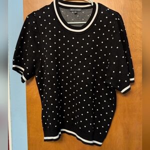 Black Polka Dot Short Sleeve Sweater with White Trim
